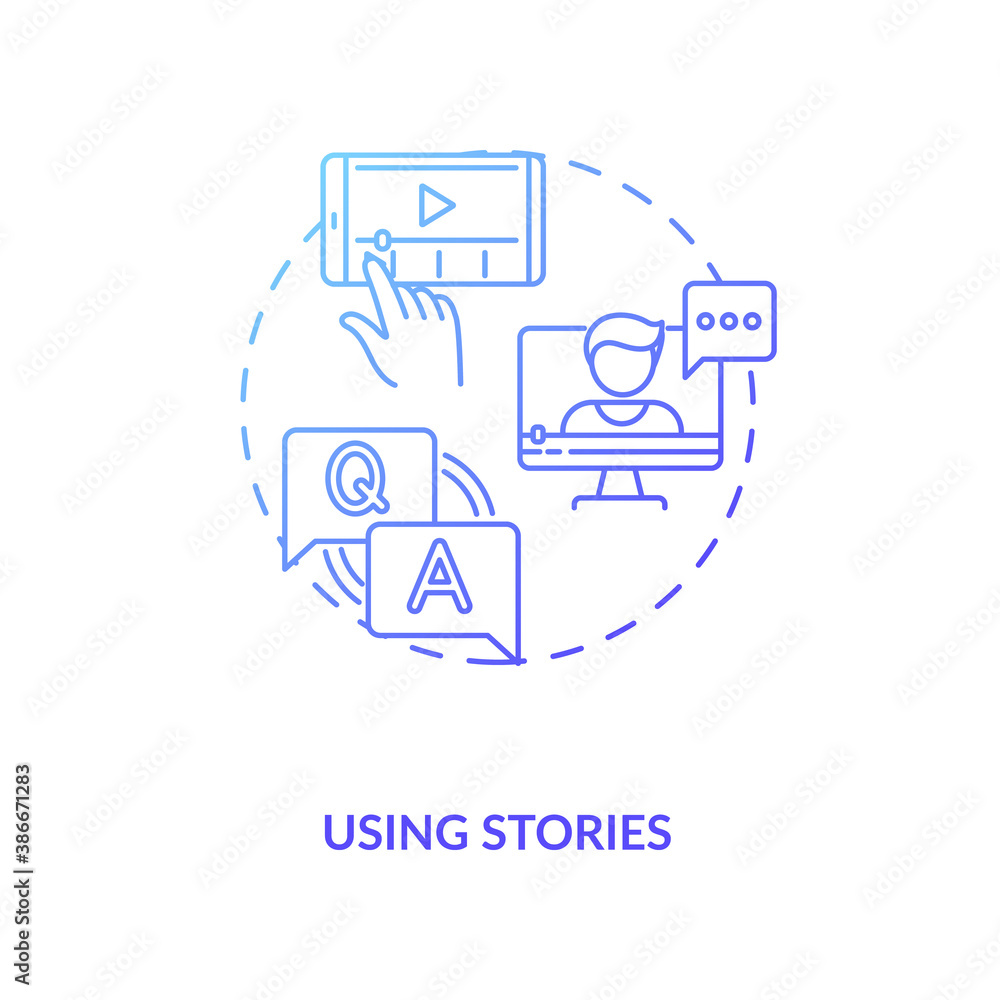 Using stories concept icon. Real-time social storytelling idea thin line illustration. Behind-the-scenes footage. Questions and polls. Interactive content. Vector isolated outline RGB color drawing Using stories concept icon. Real-time social storytelling idea thin line illustration. Behind-the-scenes footage. Questions and polls. Interactive content. Vector isolated outline RGB color drawing