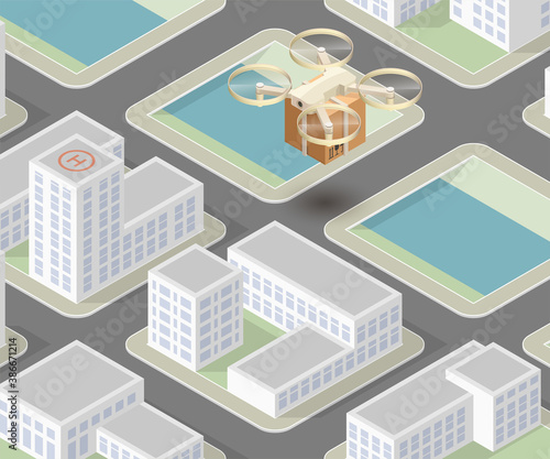 Drone delivery above the flat city concept illustration. Quadcopter flying over a town and carrying a package to customer. 3d isometric icon