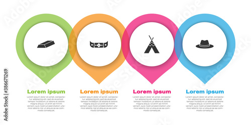 Set Gold bars, Kayak or canoe and paddle, Indian teepee wigwam and Western cowboy hat. Business infographic template. Vector.