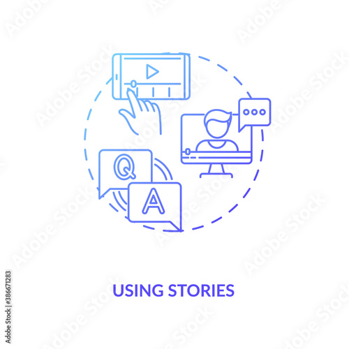 Using stories concept icon. Real-time social storytelling idea thin line illustration. Behind-the-scenes footage. Questions and polls. Interactive content. Vector isolated outline RGB color drawing
