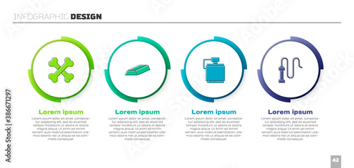 Set Crossed human bones, Gold bars, Canteen water bottle and Leather whip. Business infographic template. Vector.