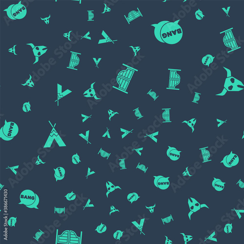 Set Saloon door, Bang boom, gun Comic, Indian teepee wigwam and Buffalo skull on seamless pattern. Vector.