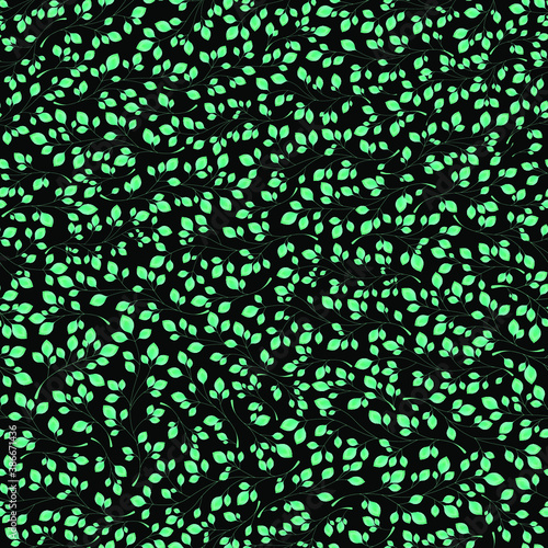 Branches with green leaves on a black background. Seamless Vector illustration. Stylish background with graphic leaves. Use for wallpaper, web design, surface textures, textile prints, wrapping, etc.