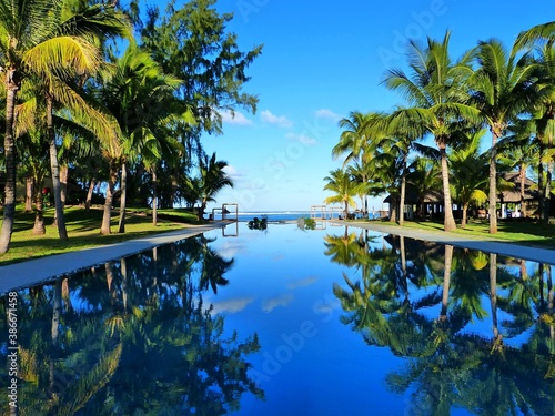 tropical island Mauritius with palm trees and beautiful infinity pool near Indian ocean. Summer relax and happiness. Luxury resort.