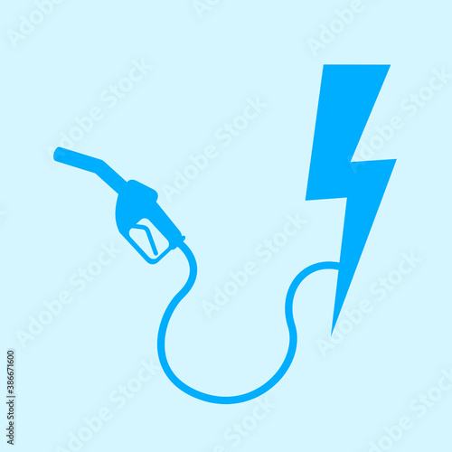 Charging station for electric vehicle - Bolt and thunderbolt is providing electricity and clean energy to fuel gun. Vector illustration on plain blue background.