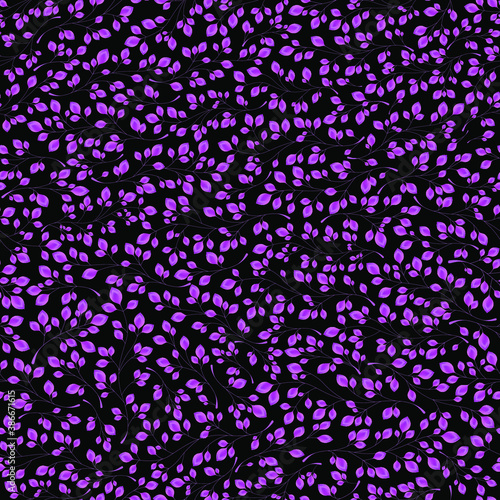 Branches with purple leaves on a black background. Seamless Vector illustration. Stylish background with graphic leaves. Use for wallpaper, web design, surface textures, textile prints, wrapping, etc.