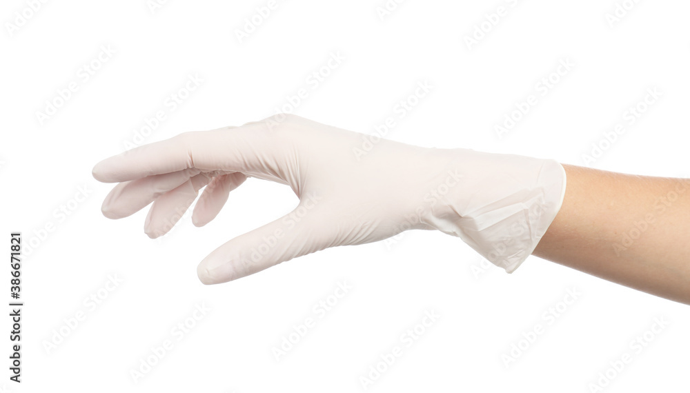 Doctor wearing medical gloves on white background, closeup