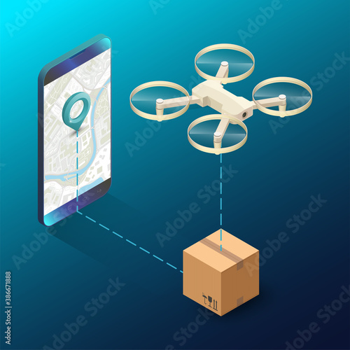 Drone delivery box near screen tablet. Quadcopter carrying package cargo to customer. Autonomous or wireless remoted flying drone. 3d isometric