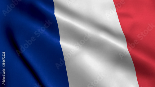 France Satin Flag. Waving Fabric Texture of the Flag of France, Real Texture Flag. Realistic Flag. Waving Flag of the France