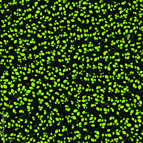 Branches with green leaves on a black background. Seamless Vector illustration. Stylish background with graphic leaves. Use for wallpaper, web design, surface textures, textile prints, wrapping, etc.