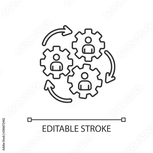Human synergy linear icon. Corporate workforce. Collaboration of company employee. Thin line customizable illustration. Contour symbol. Vector isolated outline drawing. Editable stroke
