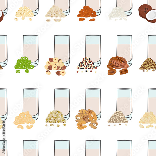 Seamless pattern of glasses with plant-based milk. Vegan milk in glass