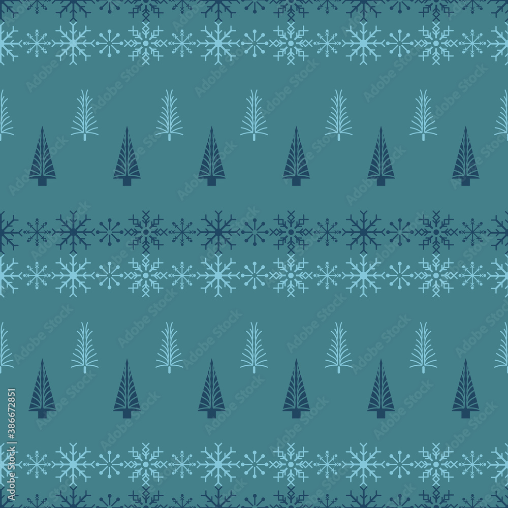 Vector blue green snowflake tree seamless pattern