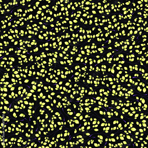 Branches with yellow leaves on a black background. Seamless Vector illustration. Stylish background with graphic leaves. Use for wallpaper, web design, surface textures, textile prints, wrapping, etc.