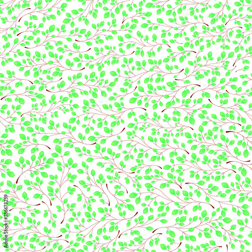 Branches with green leaves on a white background. Seamless Vector illustration. Stylish background with graphic leaves. Use for wallpaper, web design, surface textures, textile prints, wrapping, etc.