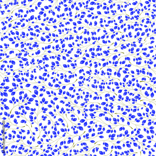 Branches with blue leaves on a white background. Seamless Vector illustration. Stylish background with graphic leaves. Use for wallpaper, web design, surface textures, textile prints, wrapping, etc.