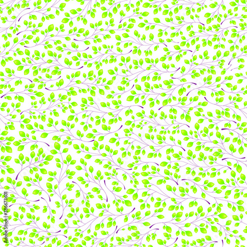 Branches with green leaves on a white background. Seamless Vector illustration. Stylish background with graphic leaves. Use for wallpaper, web design, surface textures, textile prints, wrapping, etc.