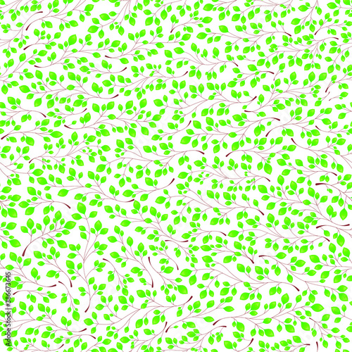 Branches with green leaves on a white background. Seamless Vector illustration. Stylish background with graphic leaves. Use for wallpaper, web design, surface textures, textile prints, wrapping, etc.