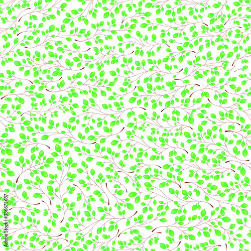 Branches with green leaves on a white background. Seamless Vector illustration. Stylish background with graphic leaves. Use for wallpaper, web design, surface textures, textile prints, wrapping, etc.