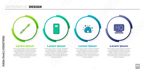 Set Medieval spear, Military assault shield, Bomb explosion and headquarters. Business infographic template. Vector.