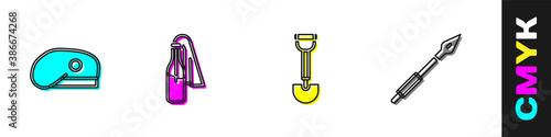Set Military beret, Cocktail molotov, Sapper shovel and Medieval spear icon. Vector.