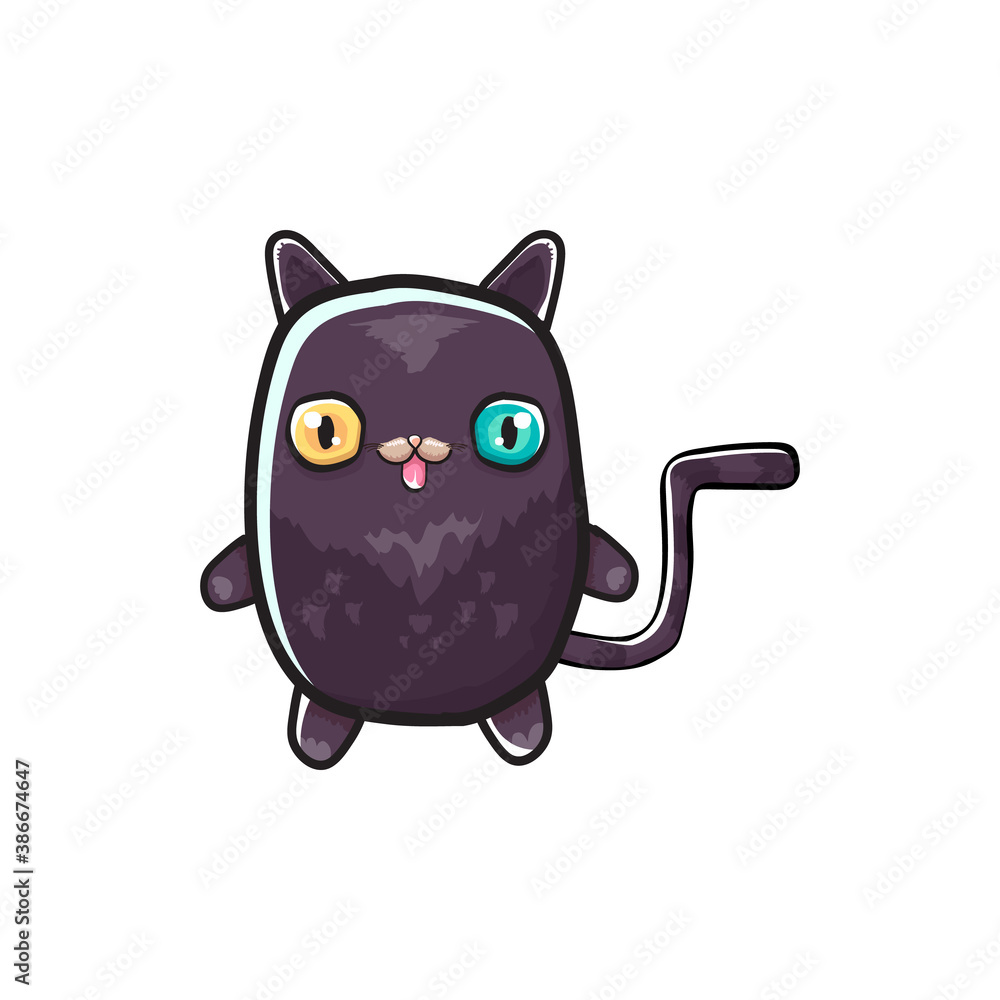 cute black halloween cat isolated on white background. Cartoon happy black witch kitten with big eyes