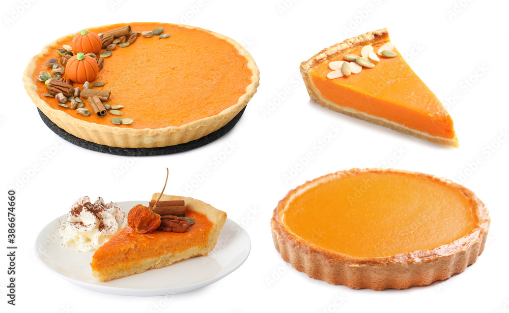 Set of tasty pumpkin pies on white background Set of tasty pumpkin pies on white background