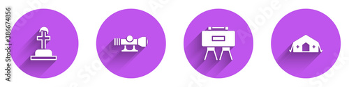 Set Soldier grave, Sniper optical sight, Military mine and medical tent icon with long shadow. Vector.