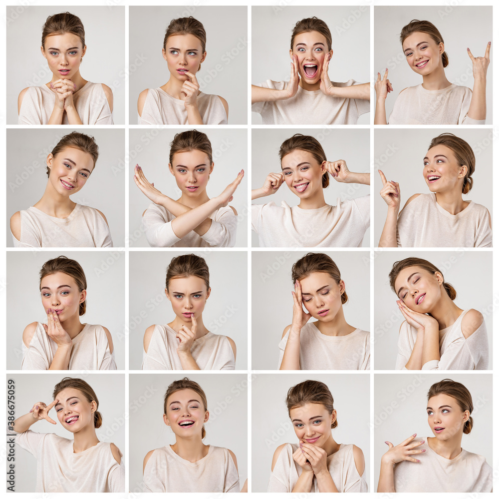 collage of portraits of young beautiful woman with different emotions and facial expressions on gray background collage of portraits of young beautiful woman with different emotions and facial expressions on gray background