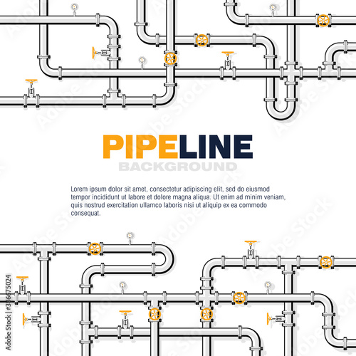 Gas pipeline vector background in flat style. Pipes with taps and gauges.