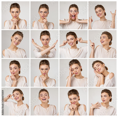 collage of portraits of young beautiful woman with different emotions and facial expressions on gray background