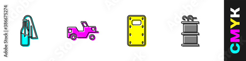 Set Cocktail molotov, Military jeep, assault shield and Hand smoke grenade icon. Vector.