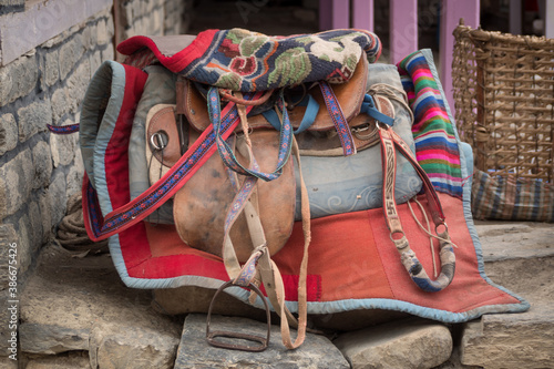 Tibetan horse saddle at Annapurna circuit trek.