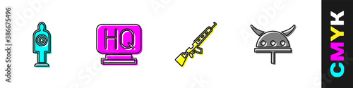 Set Human target sport for shooting, Military headquarters, Sniper rifle with scope and Viking horned helmet icon. Vector.