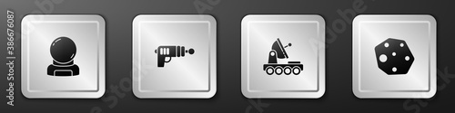 Set Astronaut helmet, Ray gun, Mars rover and Asteroid icon. Silver square button. Vector.