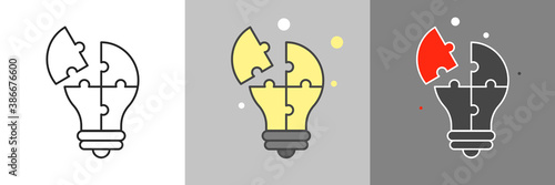 Light bulb made of puzzle pieces as idea concept.  Flat style illustration. Isolated. 