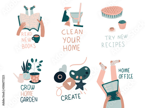 Quarantine activities letterings and other elements. Things to do at home. Vector illustration. 