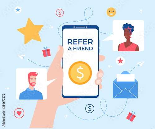 Refer a friend concept. Smartphone with gift box in hand. 