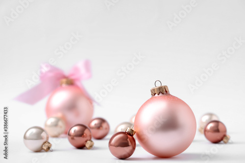 Beautiful Christmas balls on white background. Space for text