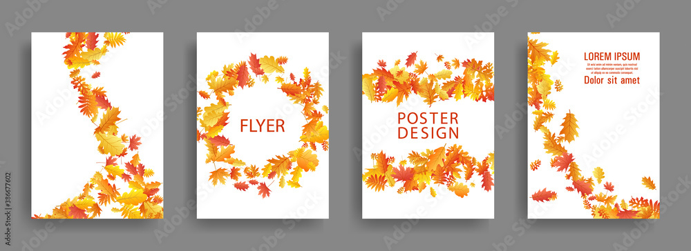 Fototapeta premium Yellow orange red dry autumn leaves flying organic backdrops.