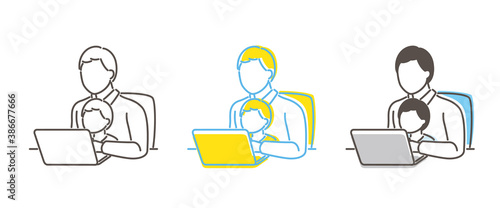 子供とパソコンをする男性のイラスト