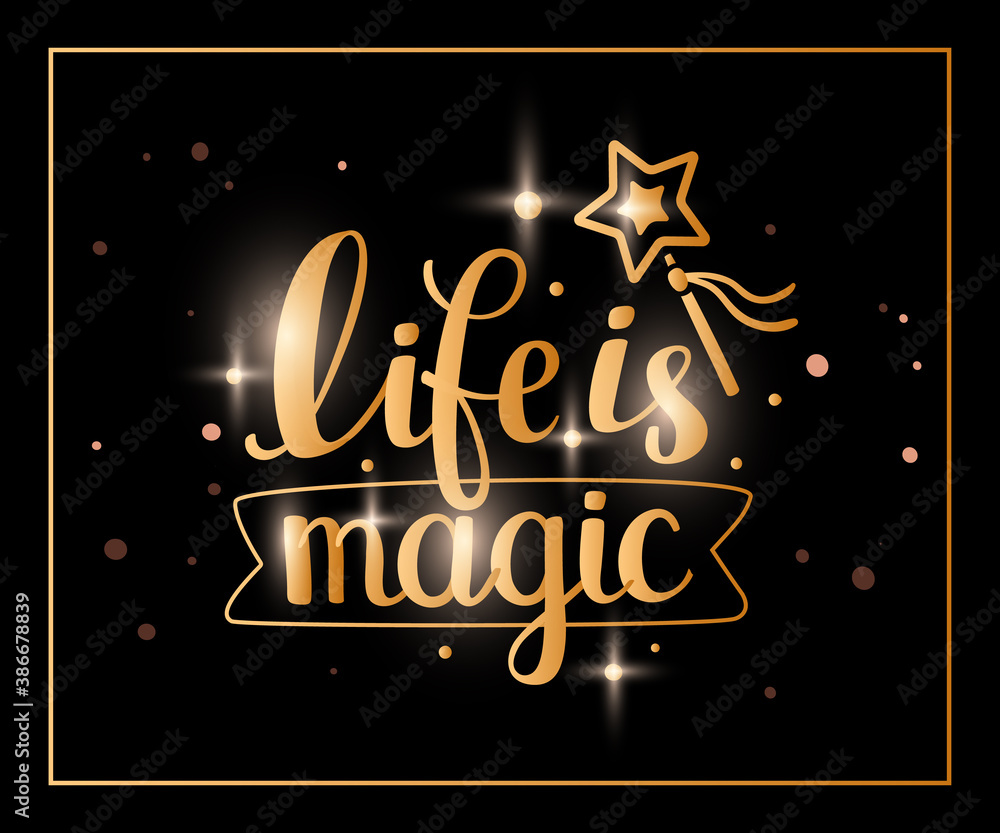 Magical shine golden color handwritten vector lettering with magic wand and ribbon on black background. Beautiful girly calligraphic sparkle inscription.