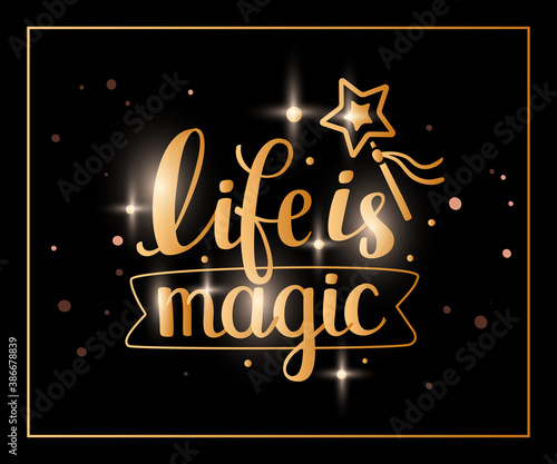 Magical shine golden color handwritten vector lettering with magic wand and ribbon on black background. Beautiful girly calligraphic sparkle inscription.