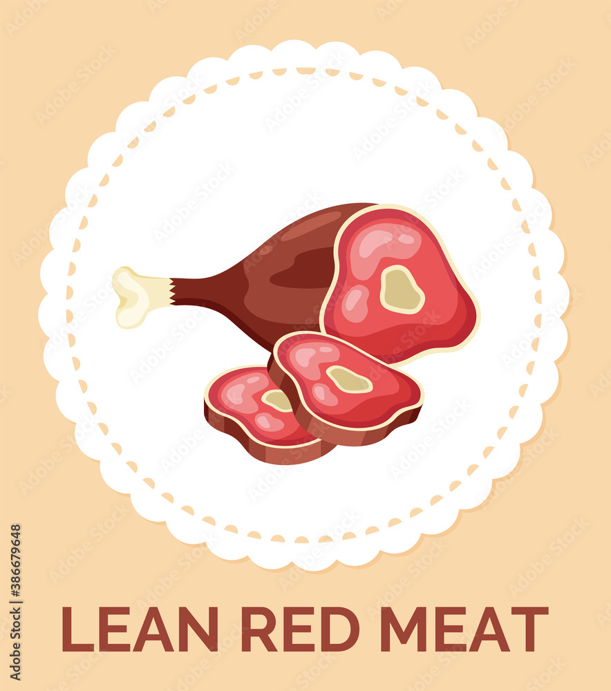 Obraz premium Isolated in circle with text lean red meat icon. Natural organic meat for culinary. Healthy eating, keeping diet. Delicious food, meat at bone. Ingredient, food, vector icon with cutted peaces of meat
