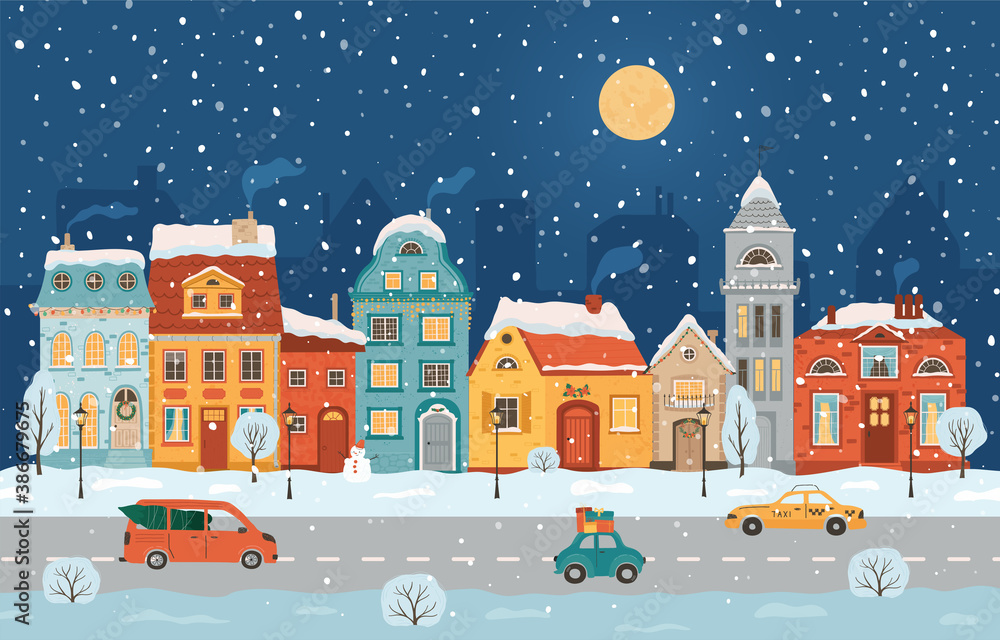 Fototapeta Winter night city in retro style. Christmas background with houses, moon, cars. Cozy town in a flat style. Cartoon vector illustration.