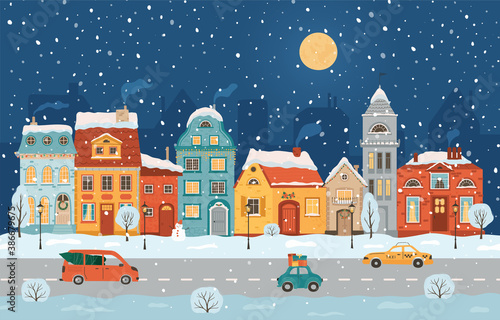 Winter night city in retro style. Christmas background with houses, moon, cars. Cozy town in a flat style. Cartoon vector illustration.