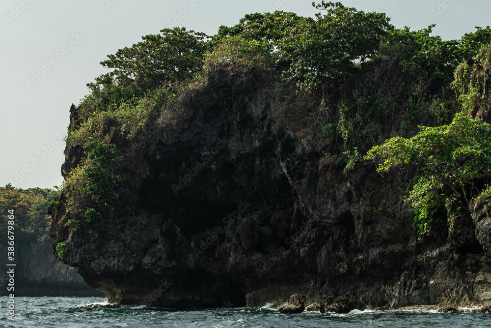 View of a cliff with trees growing on it by the Calventuras islands, Myanmar