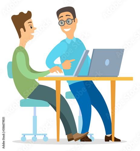 Two colleagues sitting at table, using laptops. Business people discussing new project or startup working together. Teamwork in office. Isolated office workers men guys communicating, talking