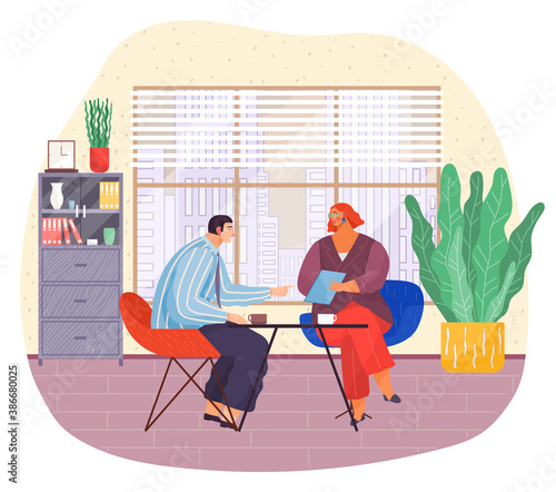 Business meeting of partners, businesspeople, hr holding cv, interview with candidate at work, discussing work moments, woman with document talking with man sitting at table in office, coffee time