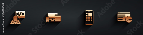 Set Front end development, Monitor, mobile, tablet, Mobile Apps and Website statistic icon with long shadow. Vector.